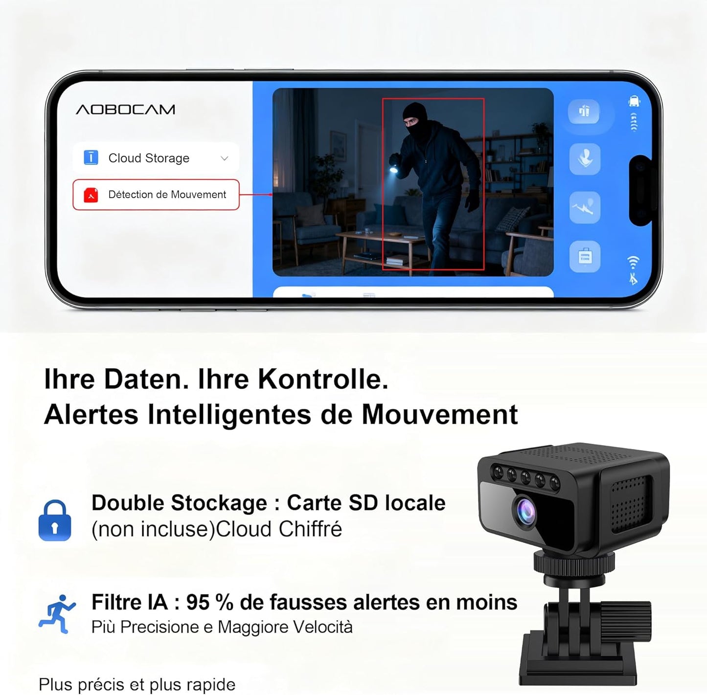 Caméra Espion Wifi 4K Avec Cloud, Caméra De Surveillance Intérieure Sans Fil - Vision Nocturne 150° Grand Angle, Détection Intelligente De Mouvement AI, Mini Caméra De Sécurité (FRW06)