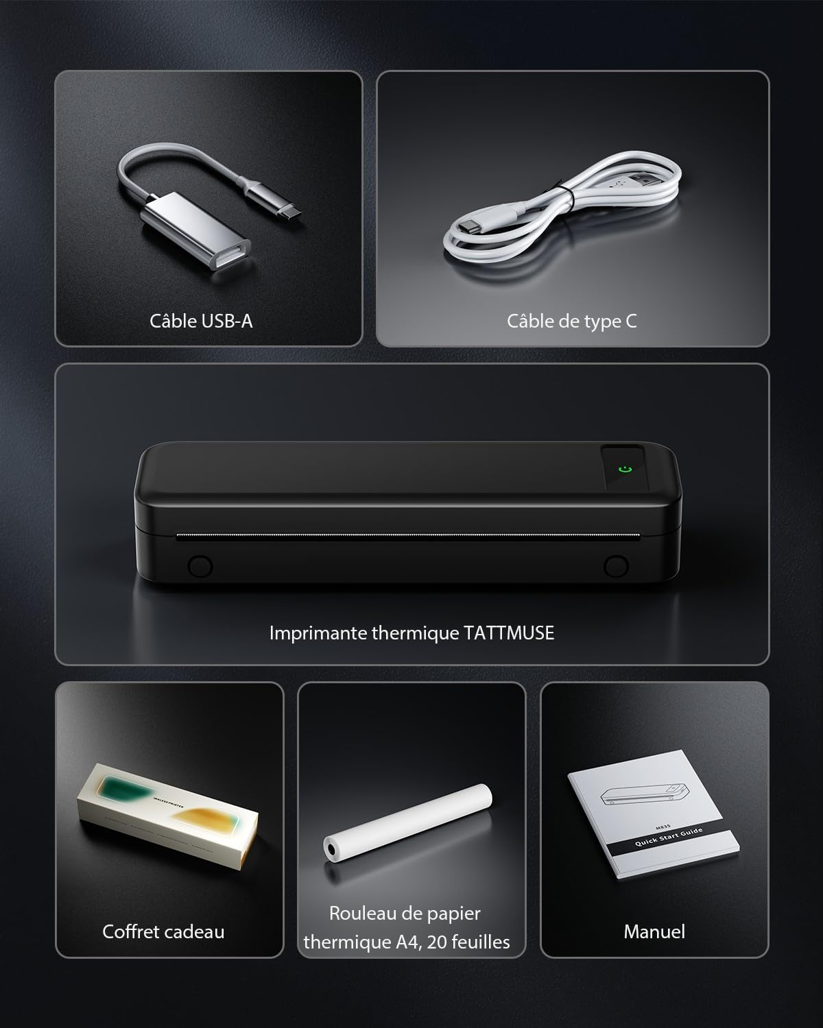 Imprimante Thermique Portable A4 Sans Encre - Imprimante Bluetooth Sans Fil Compatible Avec Ios Et Android - Mini Printer Petite Pour Papier Thermique 216/210/110/80/53Mm, Mac, Windows -Noir