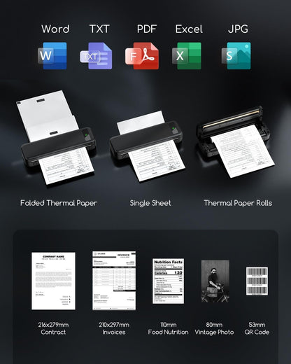 Imprimante Thermique Portable A4 Sans Encre - Imprimante Bluetooth Sans Fil Compatible Avec Ios Et Android - Mini Printer Petite Pour Papier Thermique 216/210/110/80/53Mm, Mac, Windows -Noir