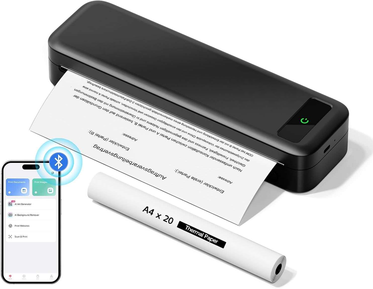 Imprimante Thermique Portable A4 Sans Encre - Imprimante Bluetooth Sans Fil Compatible Avec Ios Et Android - Mini Printer Petite Pour Papier Thermique 216/210/110/80/53Mm, Mac, Windows -Noir