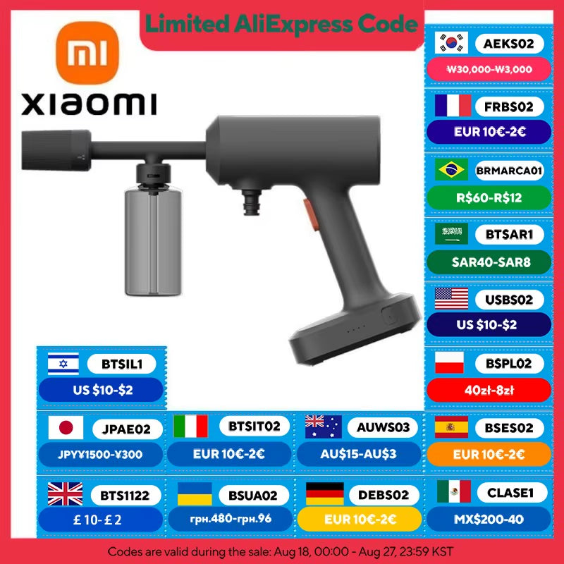 XIAOMI  Wireless Car Washer 2: Cordless Design, 1.5Mpa Pressure, 160L/H Flow Water, 3 Spray Modes, 2000Mah Battery, 6M Hose