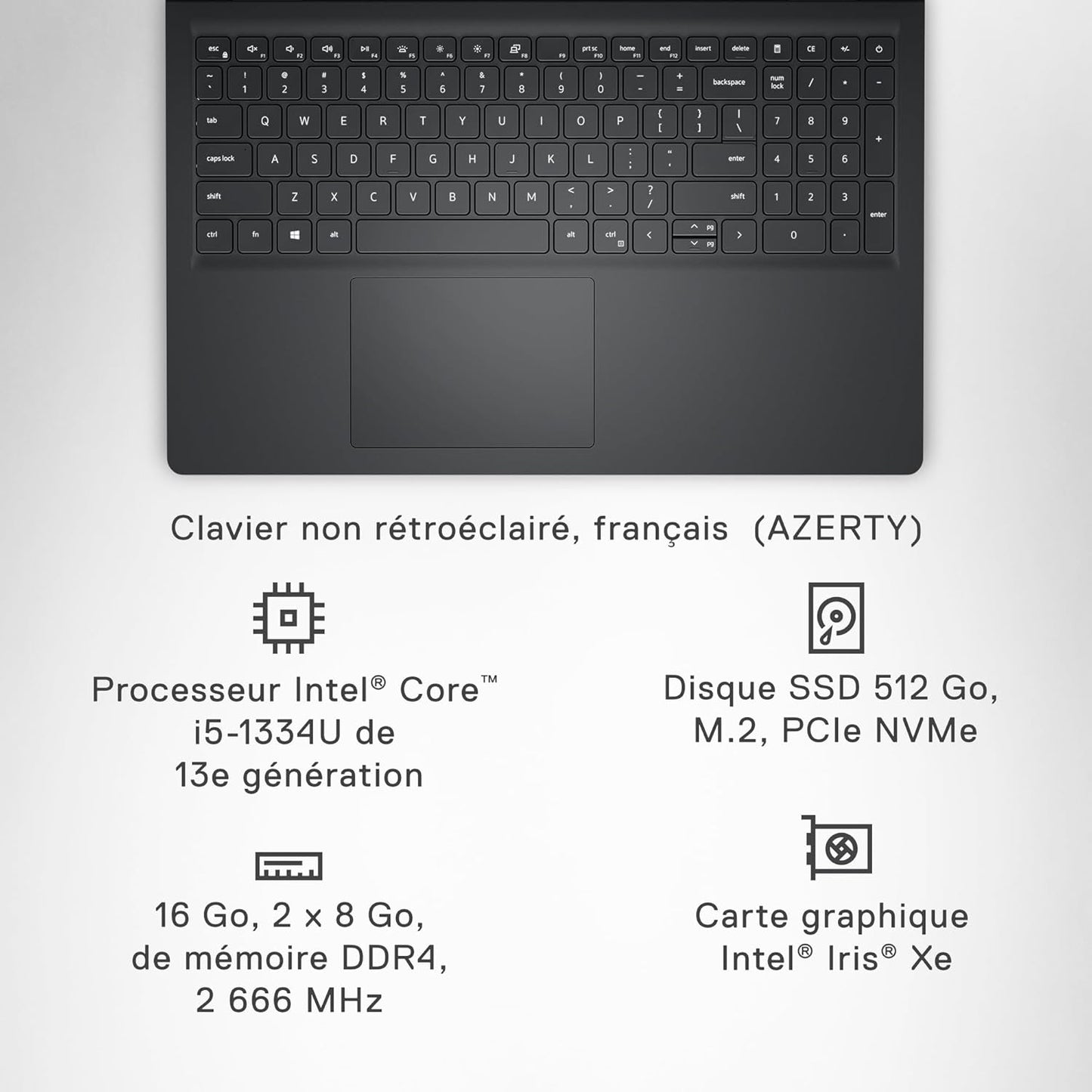 Inspiron 15 (3530) - Ordinateur Portable 15,6'' Écran FHD 120 Hz, Intel Core I5-1334U, 16 Go RAM, 512 Go SSD, Intel Iris XE, Windows 11 Home, Clavier AZERTY - Noir Carbone