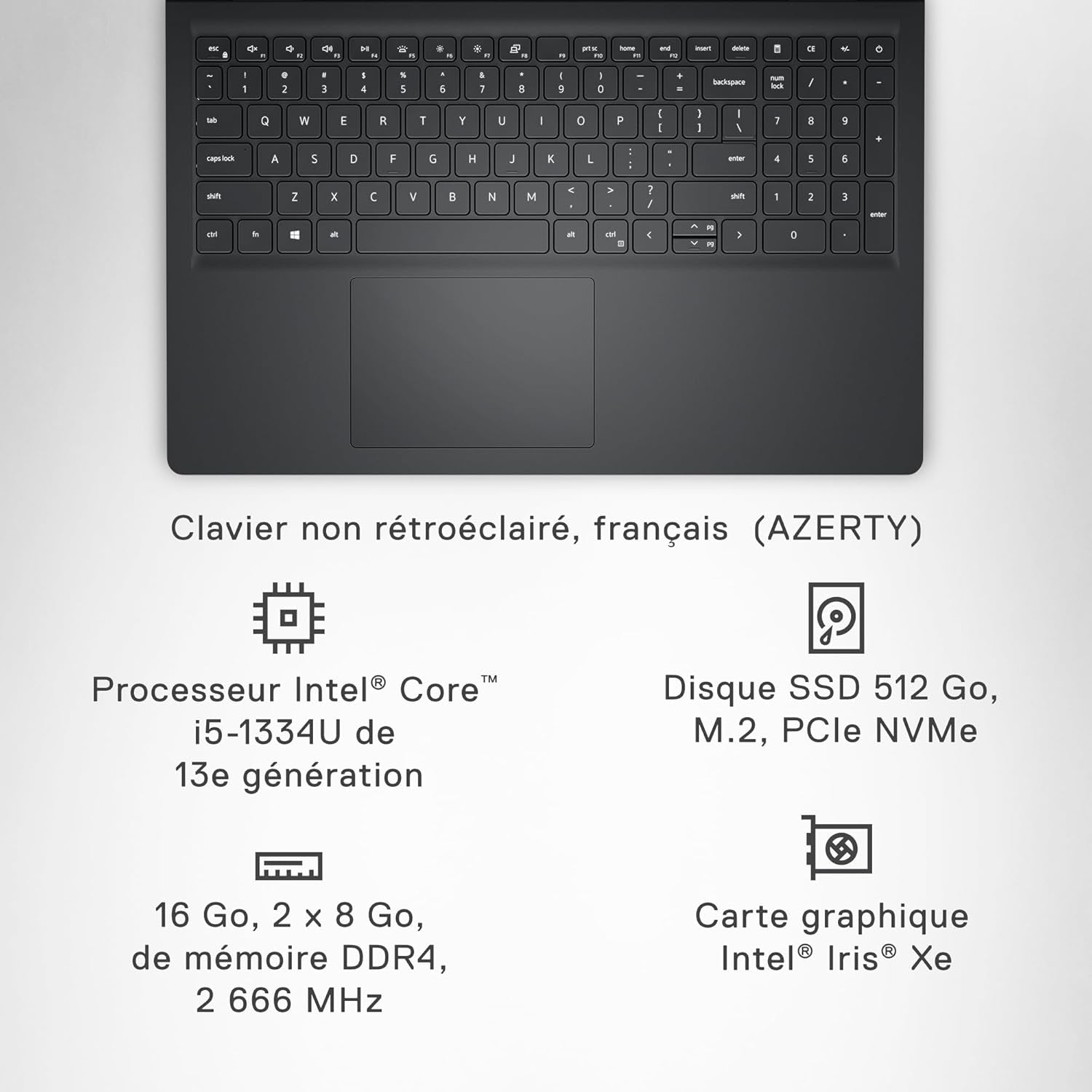 Inspiron 15 (3530) - Ordinateur Portable 15,6'' Écran FHD 120 Hz, Intel Core I5-1334U, 16 Go RAM, 512 Go SSD, Intel Iris XE, Windows 11 Home, Clavier AZERTY - Noir Carbone