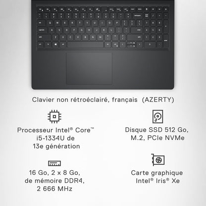Inspiron 15 (3530) - Ordinateur Portable 15,6'' Écran FHD 120 Hz, Intel Core I5-1334U, 16 Go RAM, 512 Go SSD, Intel Iris XE, Windows 11 Home, Clavier AZERTY - Noir Carbone